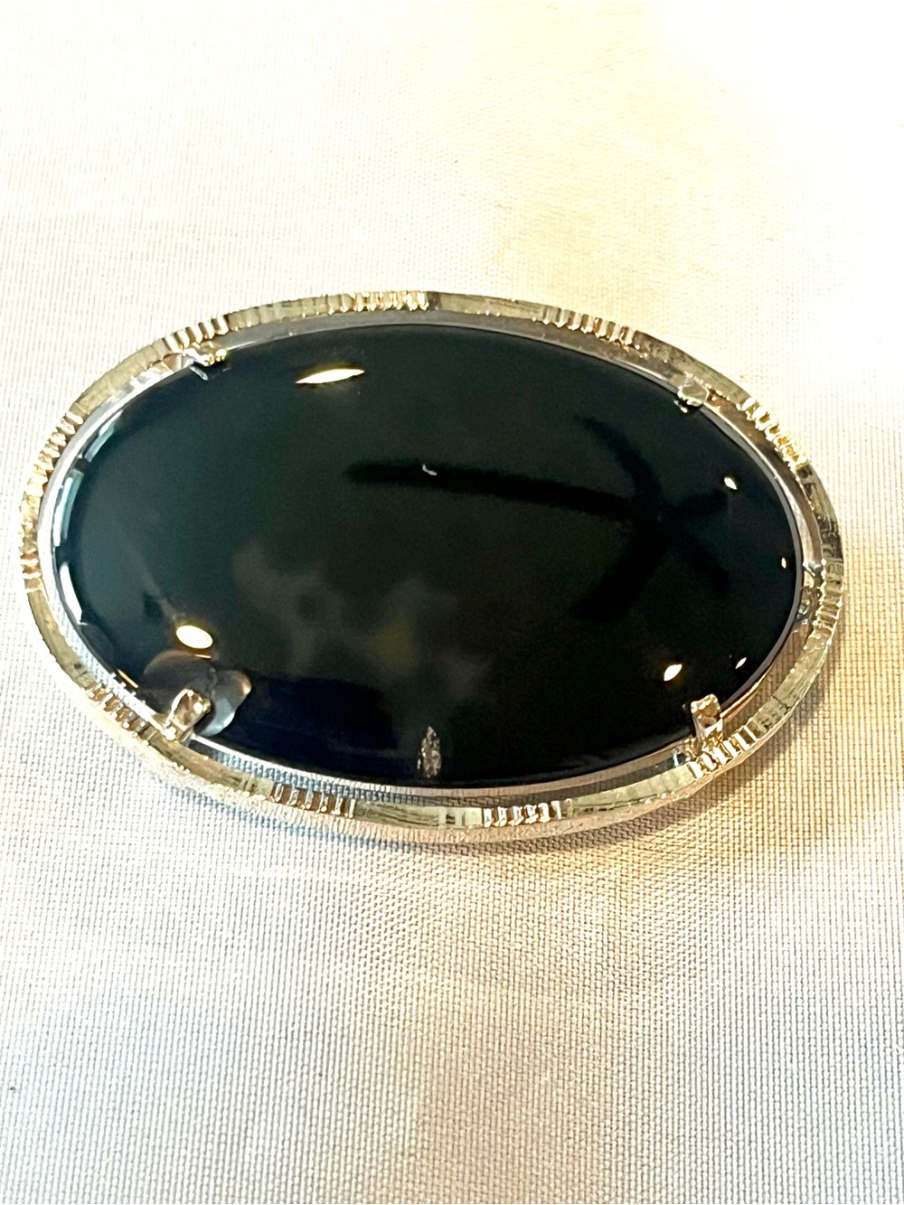 Vintage black stone brooch pendant silver tone large oval statement piece